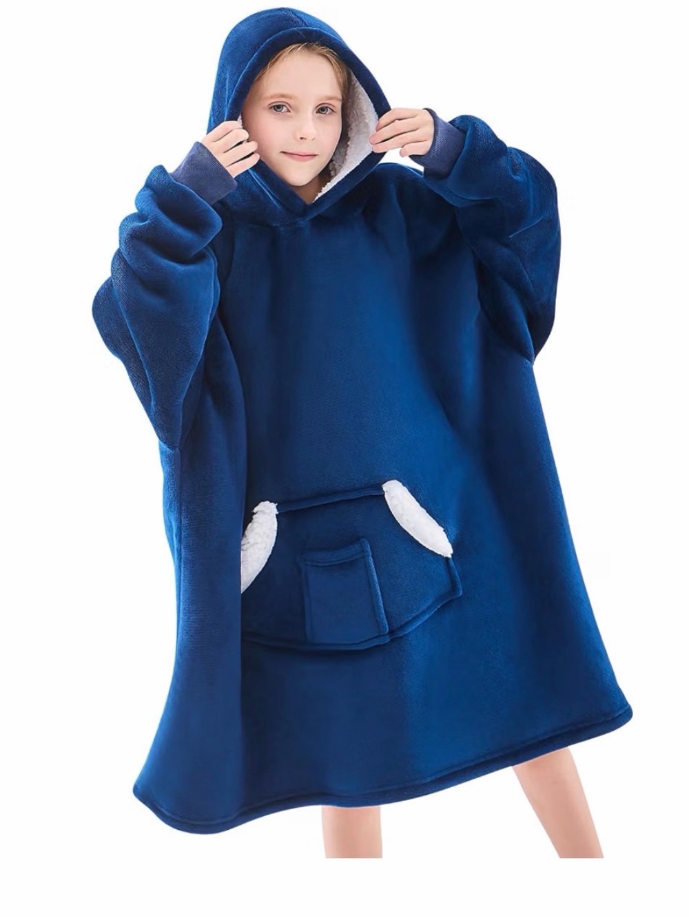 Navy Blue Oversized Sherpa Lined Plush Hoodie Pullover Size S